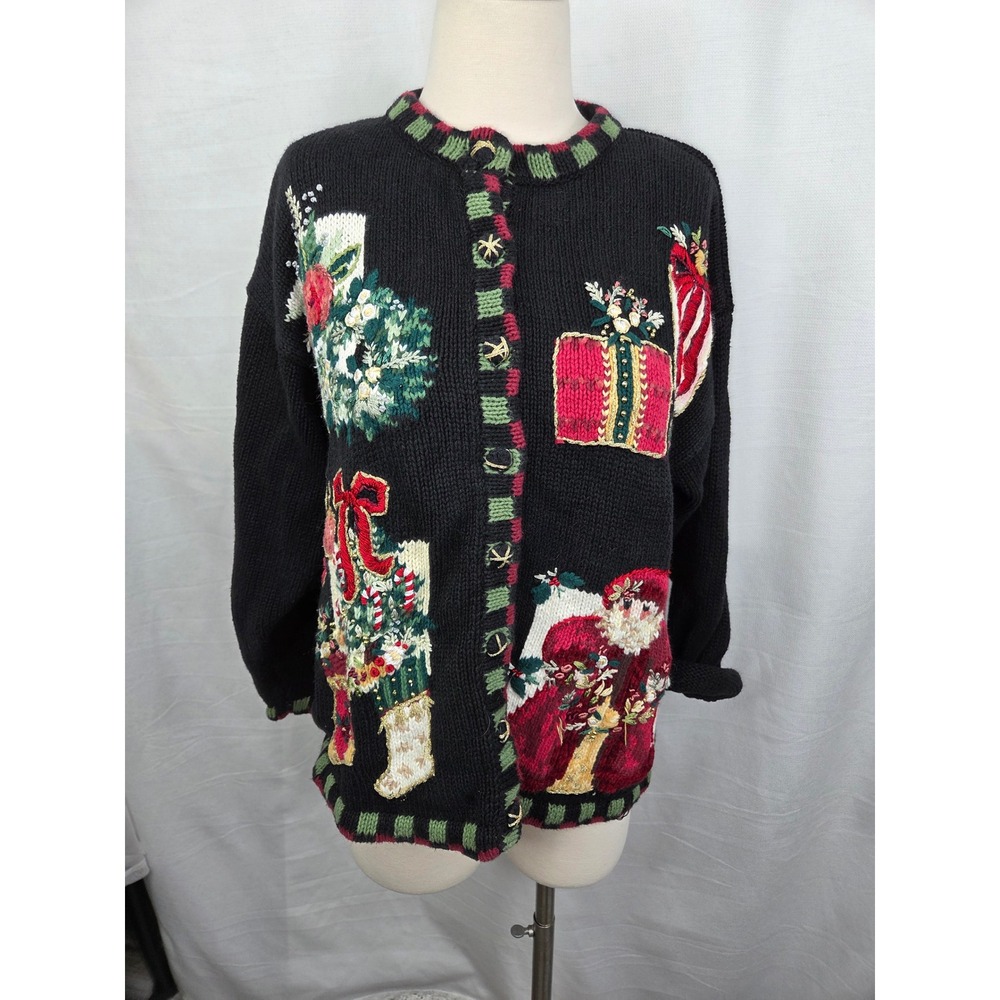 Vintage Christmas Cardigan Sweater Black Santa Gifts Stocking Embroidery Large